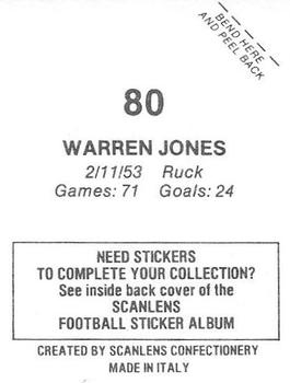 1984 Scanlens VFL Stickers #80 Warren Jones Back